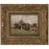 Schleich, Robert. Der Zirkus ist in der Stadt. Öl/Holz. 11,5 x 16 cm. Sign.