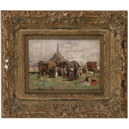Schleich, Robert. Der Zirkus ist in der Stadt. Öl/Holz. 11,5 x 16 cm. Sign.