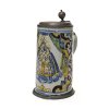 Walzenkrug. Österreich. Fayence. Mittig Darstellung einer Muttergottes mit Kind.  Haarrisse, H. 24,5 cm.