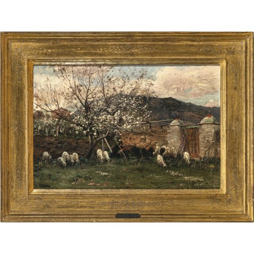 Sain, Paul. Schäfer mit Herde unter blühenden Bäumen. Öl/Holz. 22,5 x 33 cm. Sign.