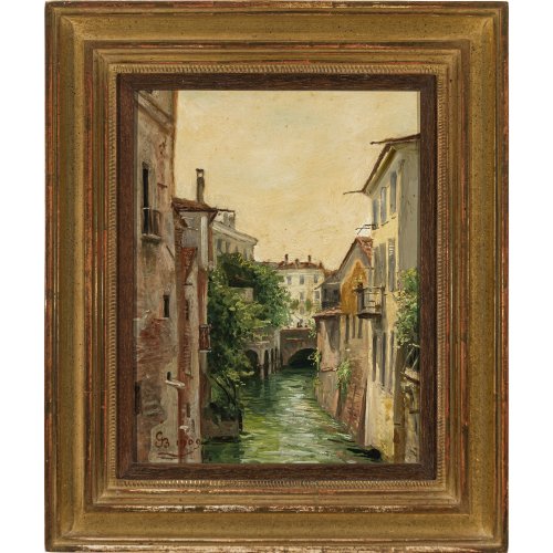 Italien, 20. Jh. Zwei italienische Altstadtansichten mit Bachlauf. Öl/Holz. Je 25 x 19,5 cm. Monogr. GB, bez. 1909.