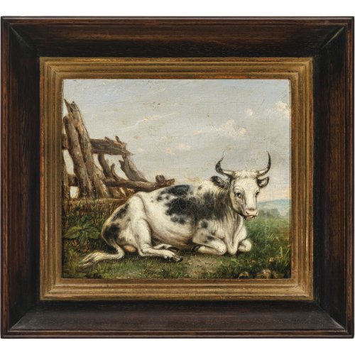 England, 19. Jh. Weißgrau gefleckte Kuh vor Landschaft. Öl/Lw. 24 x 28,5 cm. Craquelé, rest., doubl. Undeutlich sign.