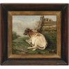 England, 19. Jh. Liegendes Kalb vor Landschaft. Öl/Lw. 24 x 28 cm. Craquelé, rest., doubl. Unsign.