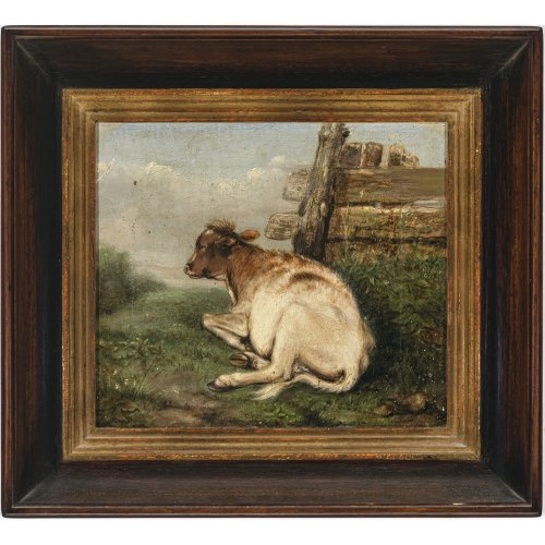 England, 19. Jh. Liegendes Kalb vor Landschaft. Öl/Lw. 24 x 28 cm. Craquelé, rest., doubl. Unsign.