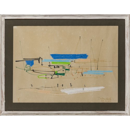 Sammer, Otto. Segelschiffe. Mischtechnik/getöntes Papier. 41 x 56 cm. Monogr., unleserl. dat. 68(?)