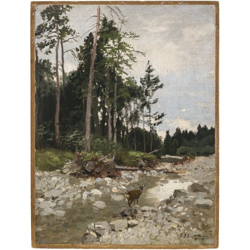 Schmitzberger, Josef. Reh an einem Wildbach. Öl/Lw./Karton. 34 x 25 cm. Sign.