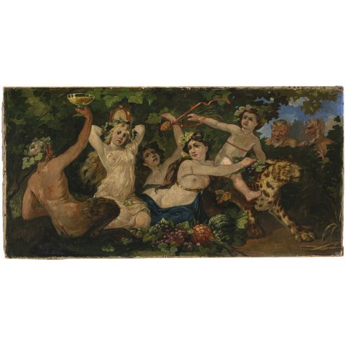 Deutsch, 20. Jh. Bacchantenfest. Öl/Lw./Karton. 80 x 159 cm. Monogr. G. 04(7?).