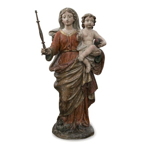 Süddeutsch, 18. Jh. Muttergottes mit Kind. Holz, übergangene Farbfassung. Best. H. 80 cm. Rest.