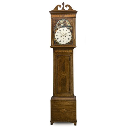 Standuhr. England. Furniertes Gehäuse, Zifferblatt mit den vier Erdteilen. Rest., erg. 213 x 53 x 24 cm.
