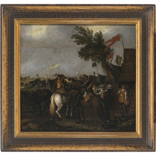 Deutsch, 17./18. Jh. Soldatenlager. Öl/Holz. 54,5 x 58,5 cm. Rest., unsign. Min. Farbabsplitterungen.