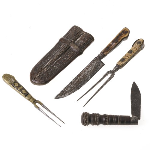 Fuhrmannsbesteck zweiteilig (unvollständig), Klappmesser und Gabel. Bayern, 19. Jh. Versch. Größen.
