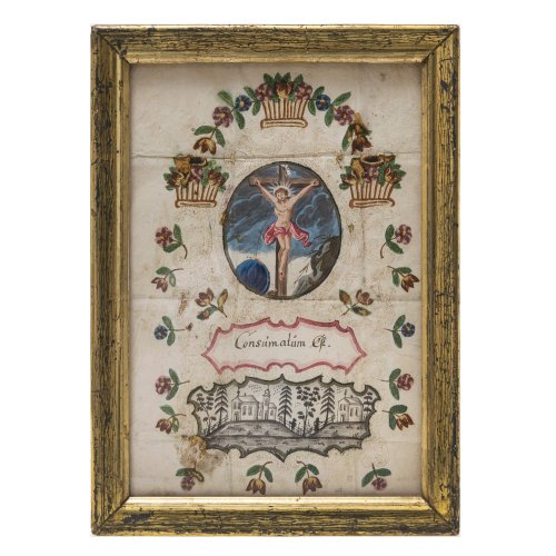 Aquarell. Bayern, 18. Jh. Papierarbeit. Christus am Kreuz. Besch. 28 x 19 cm.
