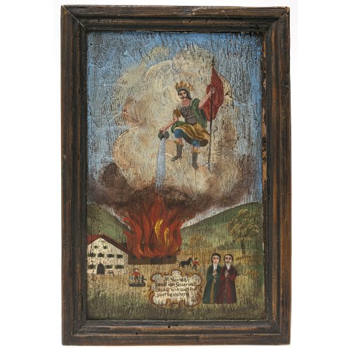 Süddt. Votivtafel. Anrufung des Hl. Florian gegen Brandt. Tempera/Holz. 36 x 22 cm. Alterungsspuren.
