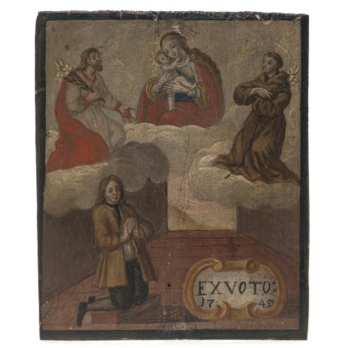 Süddt., 1745. Ex-Voto. Gnadenbild Maria Hilf. Tempera/Holz. 31,5 x 26,5 cm. Alterungsspuren.