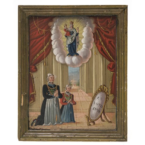 Süddt., 19. Jh. Dat. 1834. Ex-Voto. Zwei bäuerliche Damen im Gebet zur Mutter Gottes. Tempera/Holz. 26,5 x 21,5 cm. Alterungsspuren.