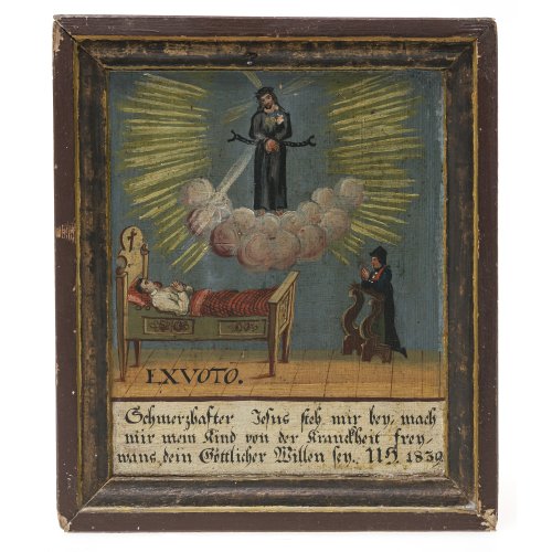 Süddt., dat. 1839. Ex-Voto. Anbetung des Schmerzhaften Jesus in Krankheit. Tempera/Holz. 26,5 x 22,5 cm. Alterungsspuren.