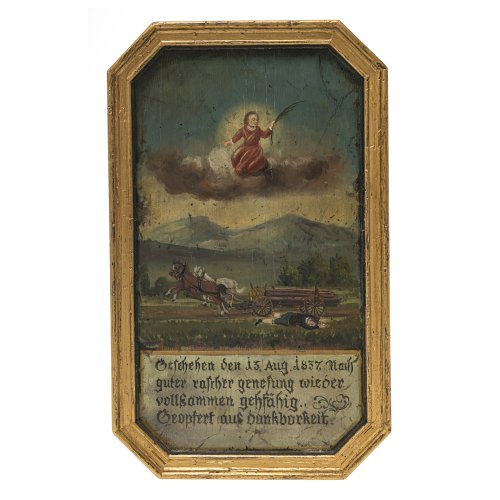 Süddt., dat. 1837. Votivtafel, gestiftet nach Unfall mit Fuhrwerk und baldiger Genesung. Tempera/Holz. 40 x 24 cm. Alterungsspuren.