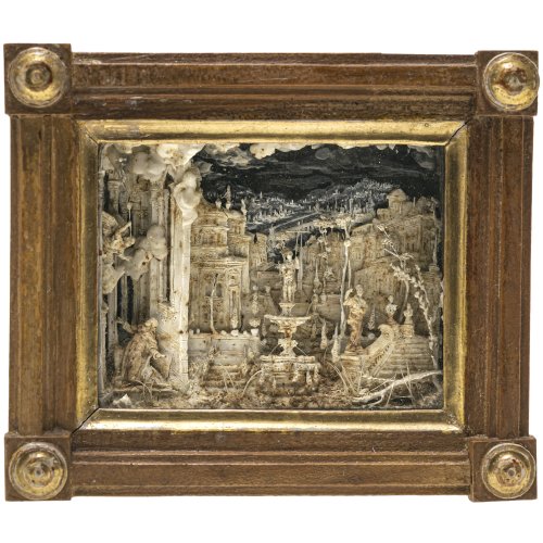 Kulissenbild. Fischbein- und Fischblasenleimarbeit. Leicht besch. 10,3 x 12 cm.