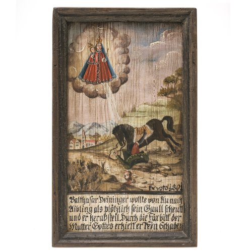 Süddt., dat. 1801. Votivtafel des Balthasar Deininger. Tempera/Holz. 33 x 19 cm. Alterungsspuren.
