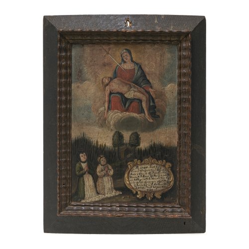 Süddt., dat. 1708. Votivtafel. Anbetung einer Pieta. Tempera/Holz. 37 x 27,5 cm. Alterungsspuren.