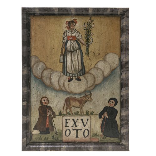 Süddt. Ex-Voto. Anbetung der Heiligen Nothburga von Rattenberg. Tempera/Holz. 32 x 24 cm. Alterungsspuren.