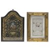 Spitzenbild hl. Catharina und Klosterarbeit Heilige mit Schwert und Märtyrerpalme. Je ca. 19 x 14 cm.