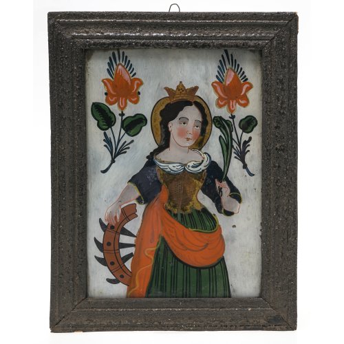 Hinterglasbild. Buchers/Sandl, 19. Jh. Darstellung der hl. Katharina. Tempera/Glas. 26 x 19 cm. Leichte Farbablösungen.