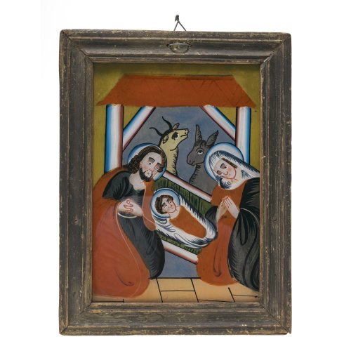 Hinterglasbild. Sandl/Buchers, Ende 19. Jh. Darstellung der Geburt Christi. Tempera/Glas. 28 x 20 cm. Minim. Farbablösung.