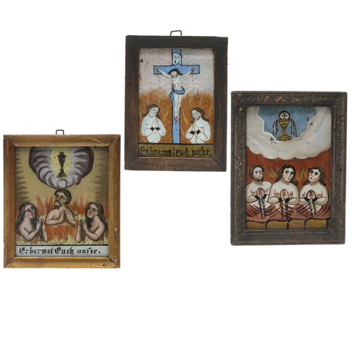 Drei Hinterglasbilder. Süddt., 19./20. Jh. Drei Ansichten der Armen Seelen im Fegefeuer. Tempera/Glas. Je 14,5 x 10,5 und 16,5 x 12 cm und 19 x 16 cm. Farbablösungen.