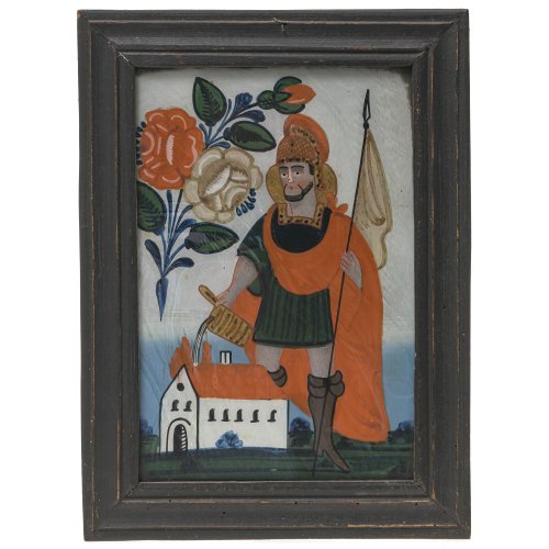 Hinterglasbild. Buchers/Sandl, 19. Jh. Darstellung des Heiligen Florian. Tempera/Glas. 26,5 x 18 cm. Alterungsspuren.