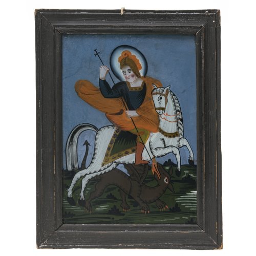 Hinterglasbild. Buchers/Sandl, 19. Jh. Darstellung des Hl. Georg. Tempera/Glas. 28 x 20 cm. Alterungsspuren.