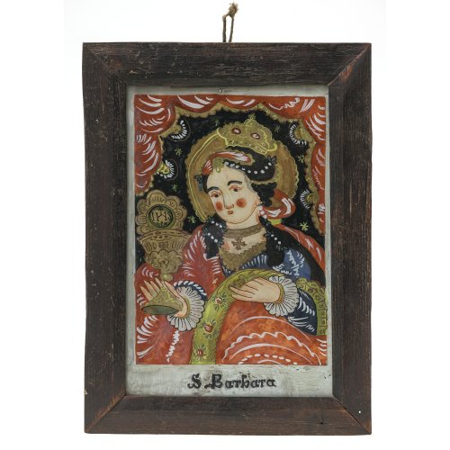 Hinterglasbild. Wohl Böhmen, 19. Jh. Darstellung der Hl. Barbara. Tempera/Glas. 28 x 19 cm. Farbablösungen.