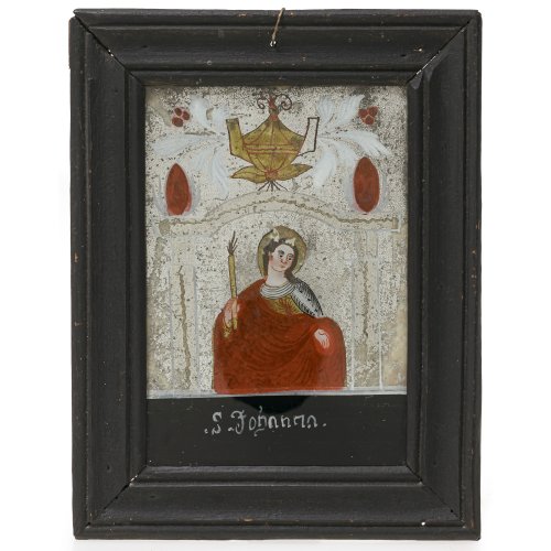 Hinterglasbild. Wohl Böhmen, 19. Jh. Darstellung der Heiligen Johanna. Tempera/Spiegelglas. 20 x 14 cm. Farbabsplitterungen.