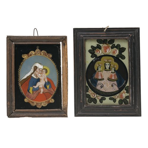 Zwei Hinterglasbilder. Bayern, 19. Jh. Anna Selbdritt. Tempera/Glas. 19 x 13 cm und Murnau/Seehausen, 19. Jh. Mutter Gottes mit Kind. Temperas/Glas. 18 x 12,5 cm. Farbabsplitterungen, Rahmen besch.