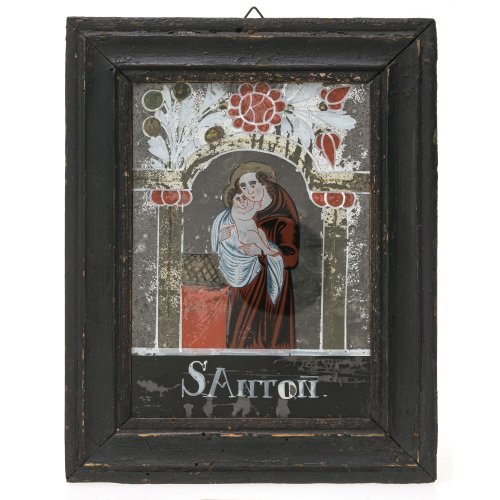 Hinterglasbild. Buchers , 19. Jh. Heiliger Antonius von Padua. Tempera/Spiegelglas. 19 x 13,5 cm. Farbabsplitterungen.