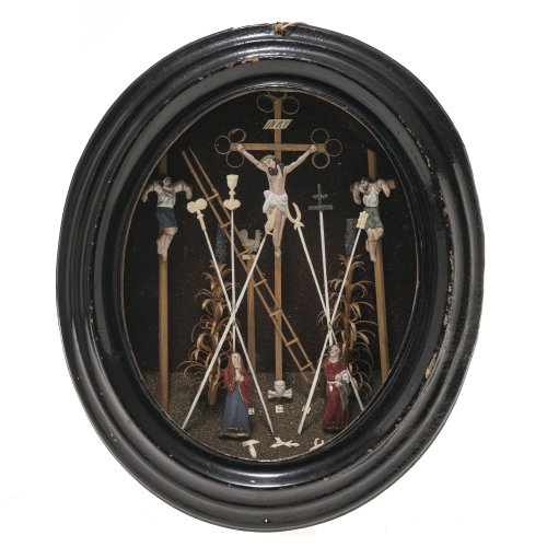 Kastenbild. Bayern, 19./20. Jh. Kreuzigung Jesu. Holz/Masse. 19,5 x 16 cm. Rep., Alterungsspuren.