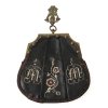 19. Jh. Geldbeutel/Tasche. Leder mit Stickereien und Messinganhänger L. 30 cm.  Besch.