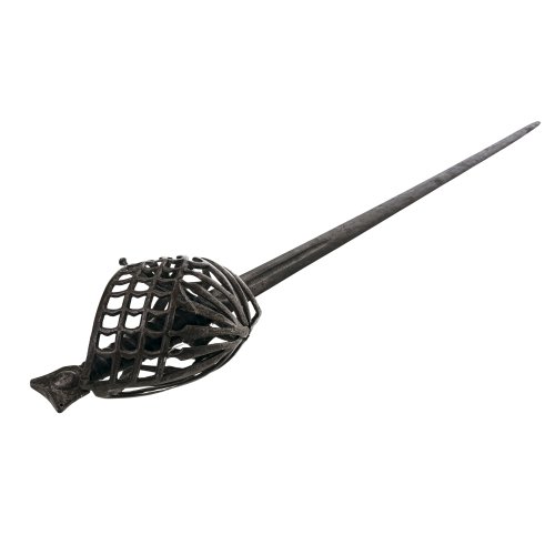 Italien, wohl 17. Jh. Schiavona. Zweischneidige Klinge mit kurzer Kehlung und Marke. Eisernes Gitterkorbgefäß. Partiell flugrostig. L. ca. 109 cm.