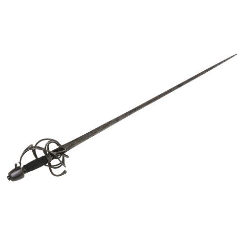Rapier. Italien, wohl 18. Jh. Spitz zulaufende Klinge. Drahtumwickelter Griff mit balustriertem Knauf. Offener Korb. L. ca. 124 cm. Alterungsspuren.