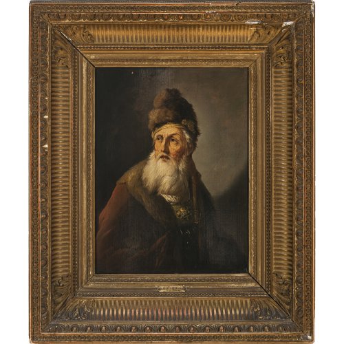 Dietrich, Christian Wilhelm Ernst, Umkreis. Mann mit Pelzmütze. Öl/Holz. 33,5 x 25 cm. Rest., unsign.