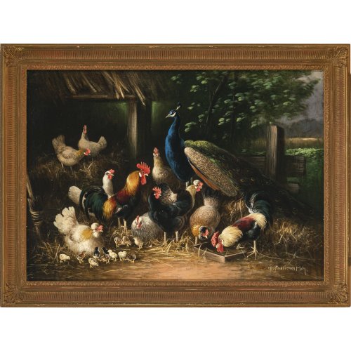Scheuerer, Otto. Hühnerschar mit Hahn und Hennen und einem Pfau im Hintergrund. Öl/Lw. 50 x 70 cm. Sign.
