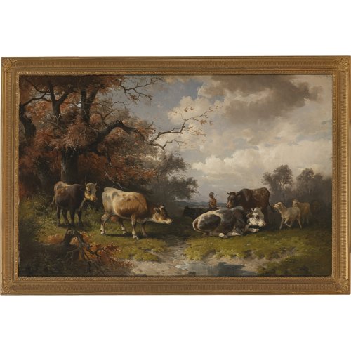 Deutsch, 19. Jh. Kühe mit Hirten am Wasser. Öl/Lw. 68,5 x 105 cm. Rest., unsign.
