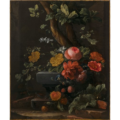 Niederlande, 18. Jh. Blumenstillleben. Öl/Lw. 63 x 53 cm. Rest.