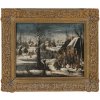Niederlande, 17./18. Jh. Winterlandschaft mit Bauern und Schlittschuhläufern im Hintergrund. Öl/Holz. 30 x 38,5 cm. Rest., unsign.