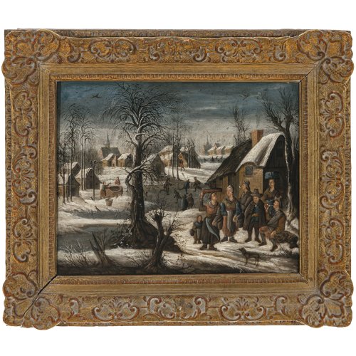 Niederlande, 17./18. Jh. Winterlandschaft mit Bauern und Schlittschuhläufern im Hintergrund. Öl/Holz. 30 x 38,5 cm. Rest., unsign.