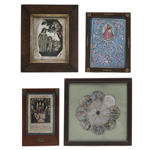 Vier religiöse Andachtsbildchen. Süddt., 19. Jh. Stoff/Papier/kolorierte Stiche. Ca. 13-17 cm x 8,5-15 cm. Besch.
