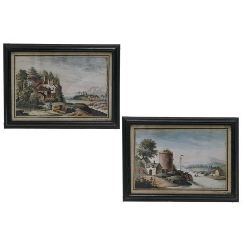 Hütter, S. G. Anfang 19. Jh. Zwei Landschaftsgemälde. Aquarell. Sign., dat. 1801 und 1802. Je ca. 15 x 22 cm. Leicht fleckig.