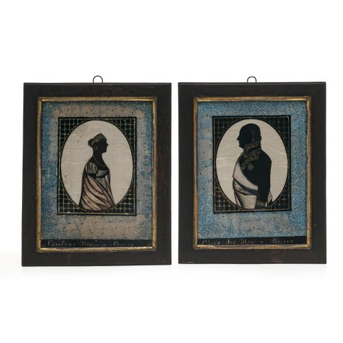 Zwei Hinterglasbilder. 19. Jh. Biedermeier-Silhouettenbildnisse. Tempera/Glas. Je ca. 22 x 16,5 cm. Minim. Farbablösung.