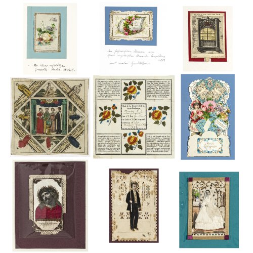 Konvolut von Neun Freundschafts- und Glückwunschkarten.
Deutsch, 19. Jh., Kolorierte Stiche, Prägedruck, versch. Materialien und Größen.
