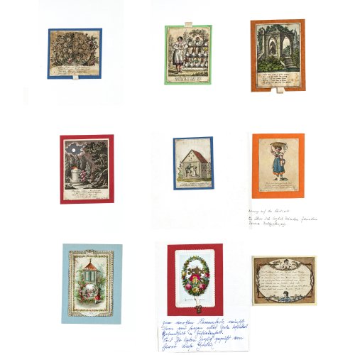 Konvolut von Neun Freundschafts- und Glückwunschkarten.
Deutsch, 19. Jh., Kolorierte Stiche, Prägedruck, versch. Materialien und Größen.